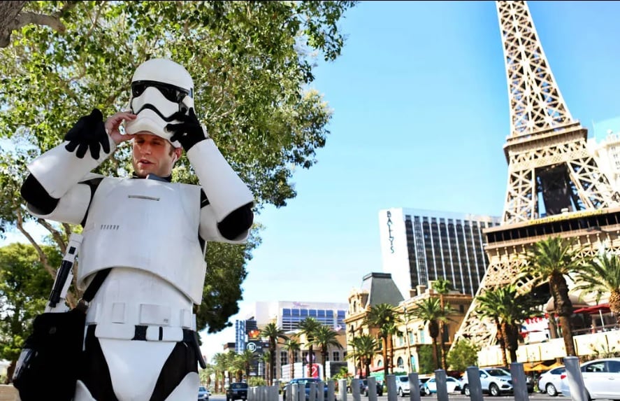 Las Vegas Strip street performer pauses between tips on the Las Vegas Strip.